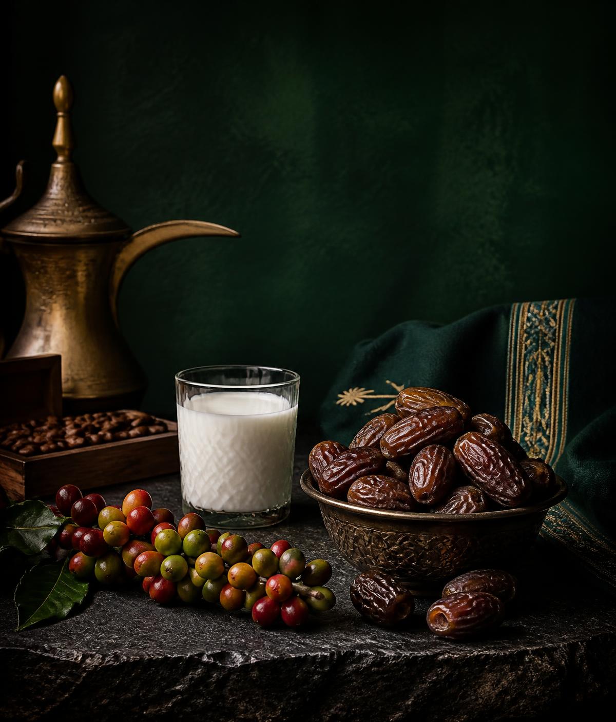 Saudi dates, coffee cherries and camel milk arranged on dark stone