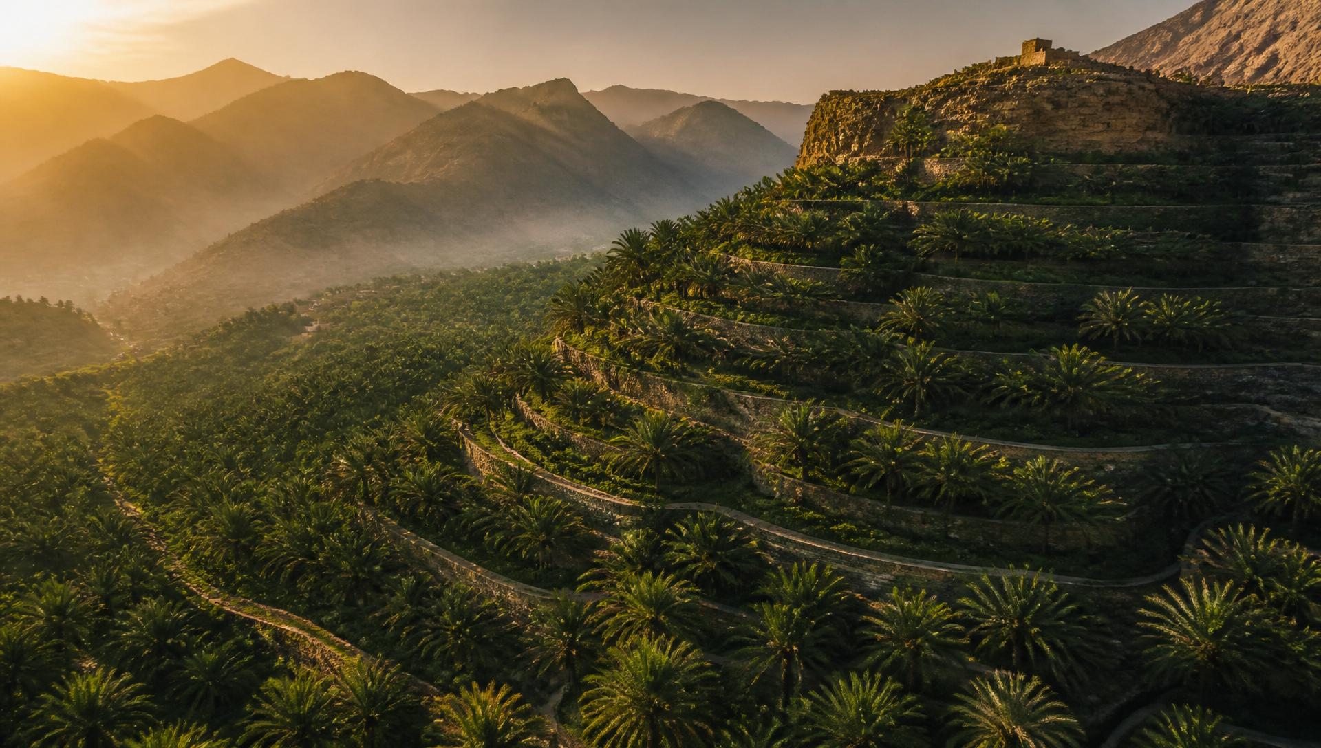 Terraced Saudi palm oasis at golden hour